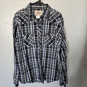 Wrangler Men's XXL Black Blue White Plaid Shirt Long Sleeve Button Down Western